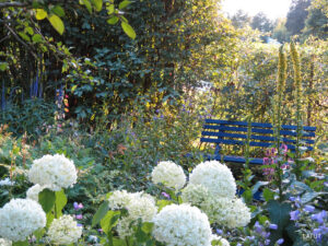 Die blaue Bank im Romantischen Garten