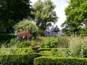 Junigarten mit Knot Garden Ende Juni, Garten Moorriem