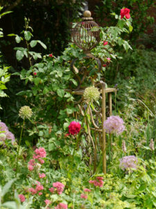 ein Pfosten des Paradiestores, mit Allium, Centranthus ruber und den ersten Rosenblüten von 'Dark Lady' in Wurzerlsgarten