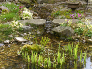 Beim Weg-Übergang fließt der Bach in den Teich in Wurzerlsgarten